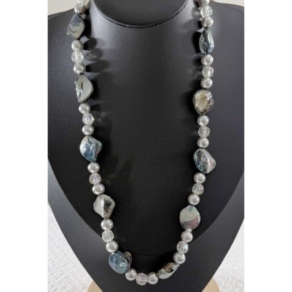 Beaded Shell Necklace About 20 Inch Grey Iridescent Faux Pearl Extender Jewelry - Picture 2 of 7